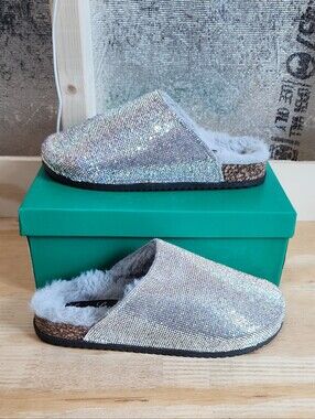 NEW! Lauren Lorraine Sparkle Faux-Fur Lined Slip-On Mules - Silver, Sz 9.5,NWT